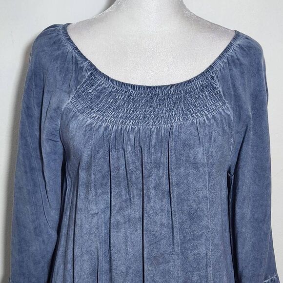 Spense Blue Dyed Peasant Blouse with Smocked Detail and 3/4 Sleeves Size Small - Picture 6 of 9